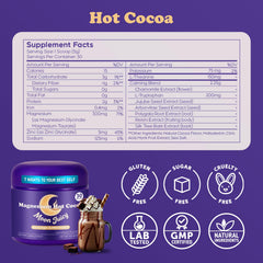 Moon Juicy hot cocoa cup steaming for a soothing bedtime ritual.