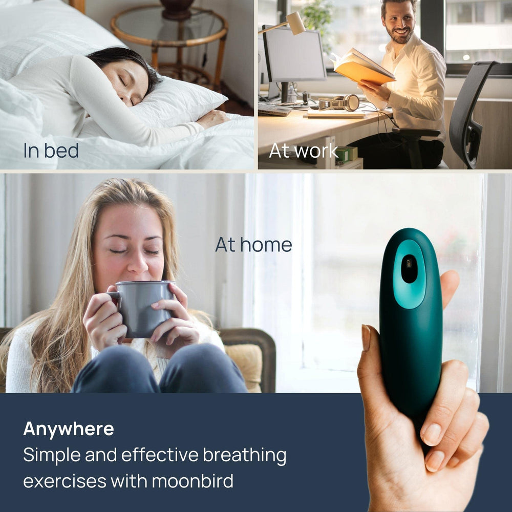 Moonbird breathing tool on nightstand ready for sleep support.