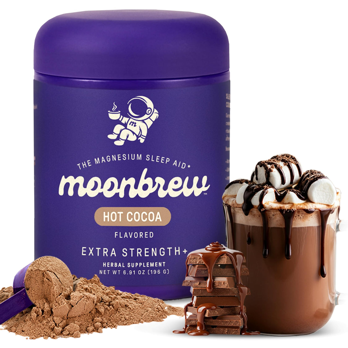 MoonBrew Nighttime extra-strength hot cocoa jar for a calming bedtime ritual