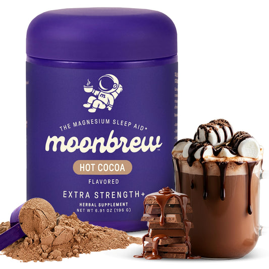MoonBrew Nighttime extra-strength hot cocoa jar for a calming bedtime ritual