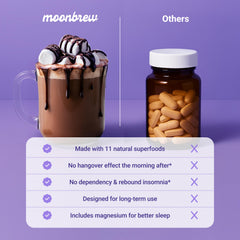MoonBrew label highlights melatonin-free formula and clean ingredients.