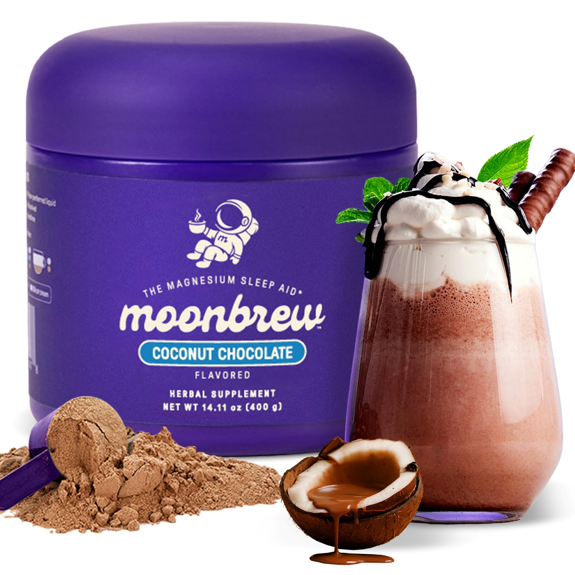 MoonBrew Nighttime magnesium coconut chocolate mix jar for a calm evening.