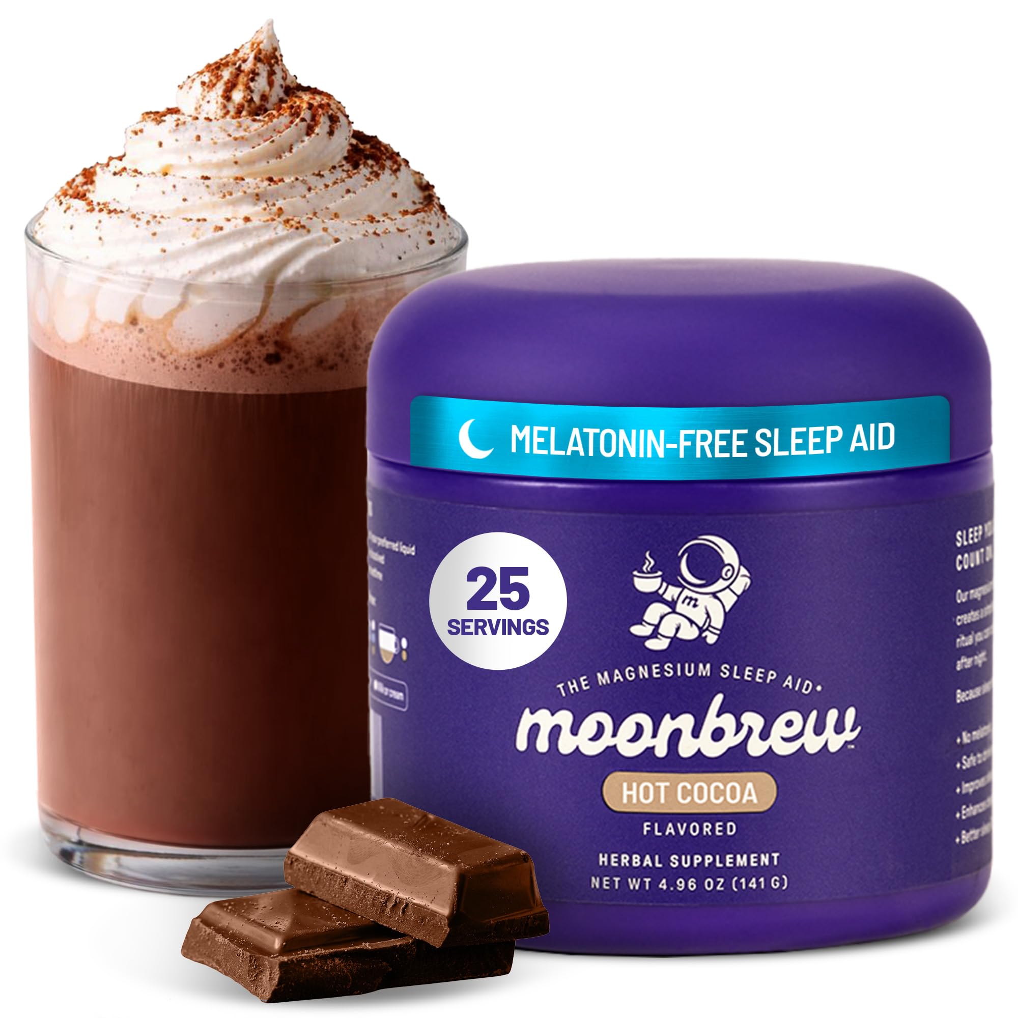 MoonBrew Nighttime Magnesium Hot Cocoa jar; a soothing bedtime ritual.