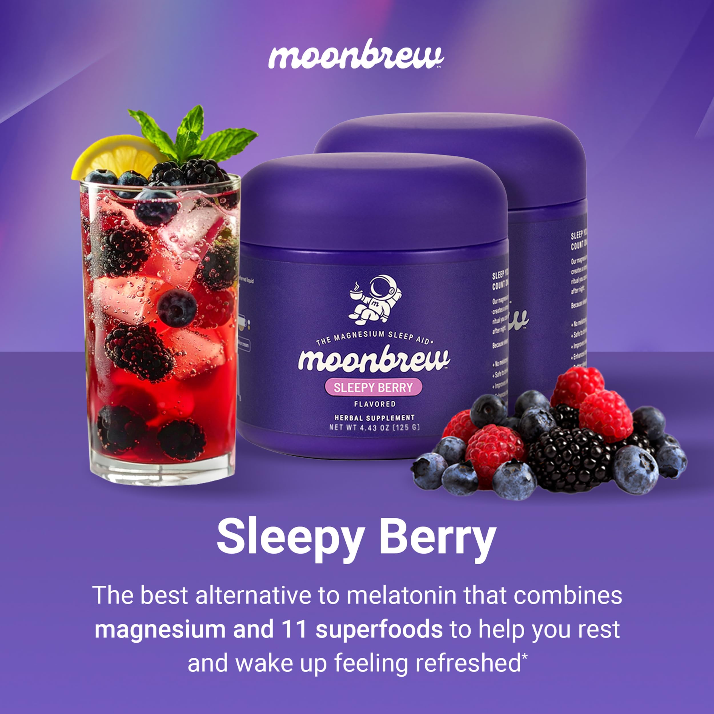 MoonBrew Sleepy Berry blend with berries close-up highlights natural ingredients for night calm