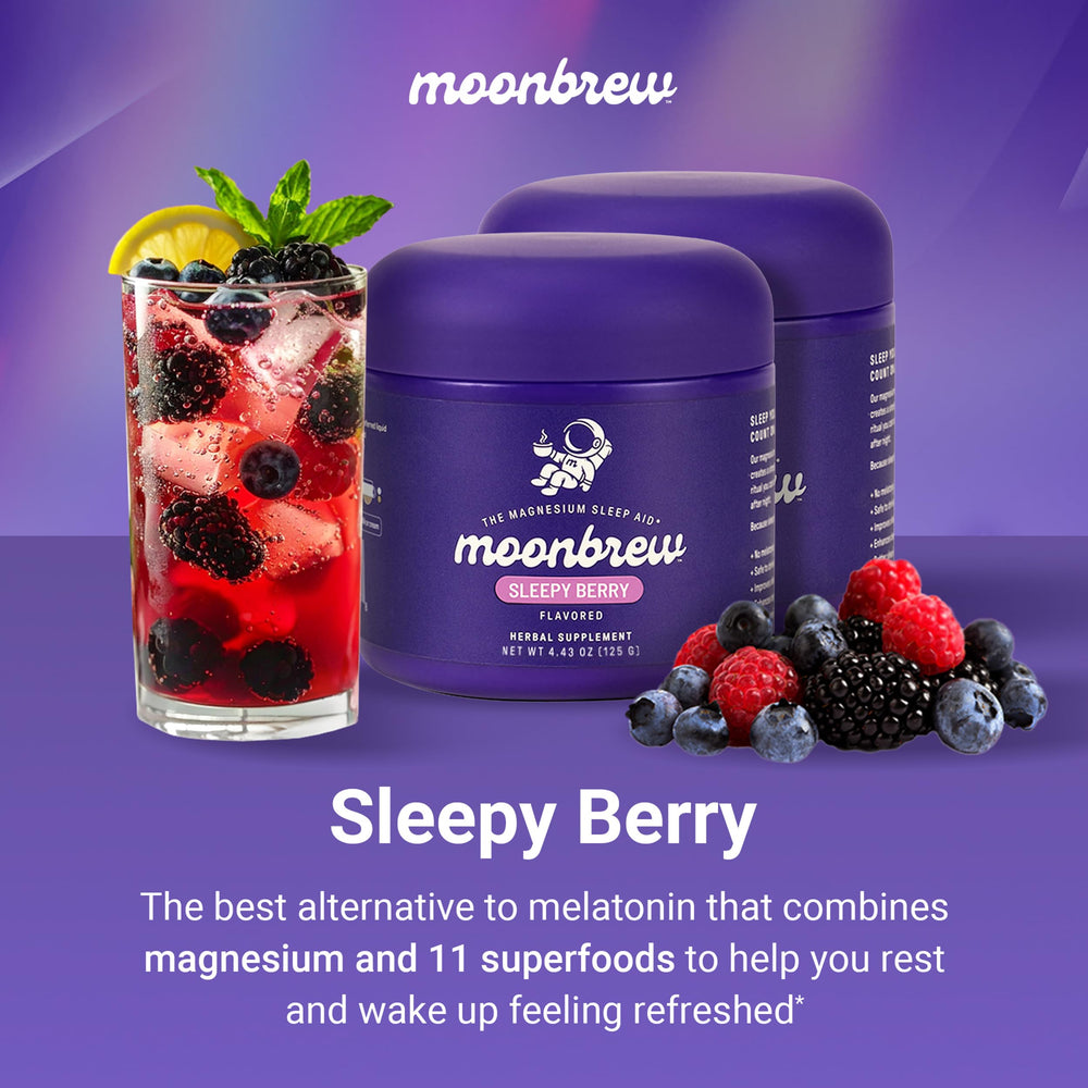 MoonBrew Sleepy Berry blend with berries close-up highlights natural ingredients for night calm