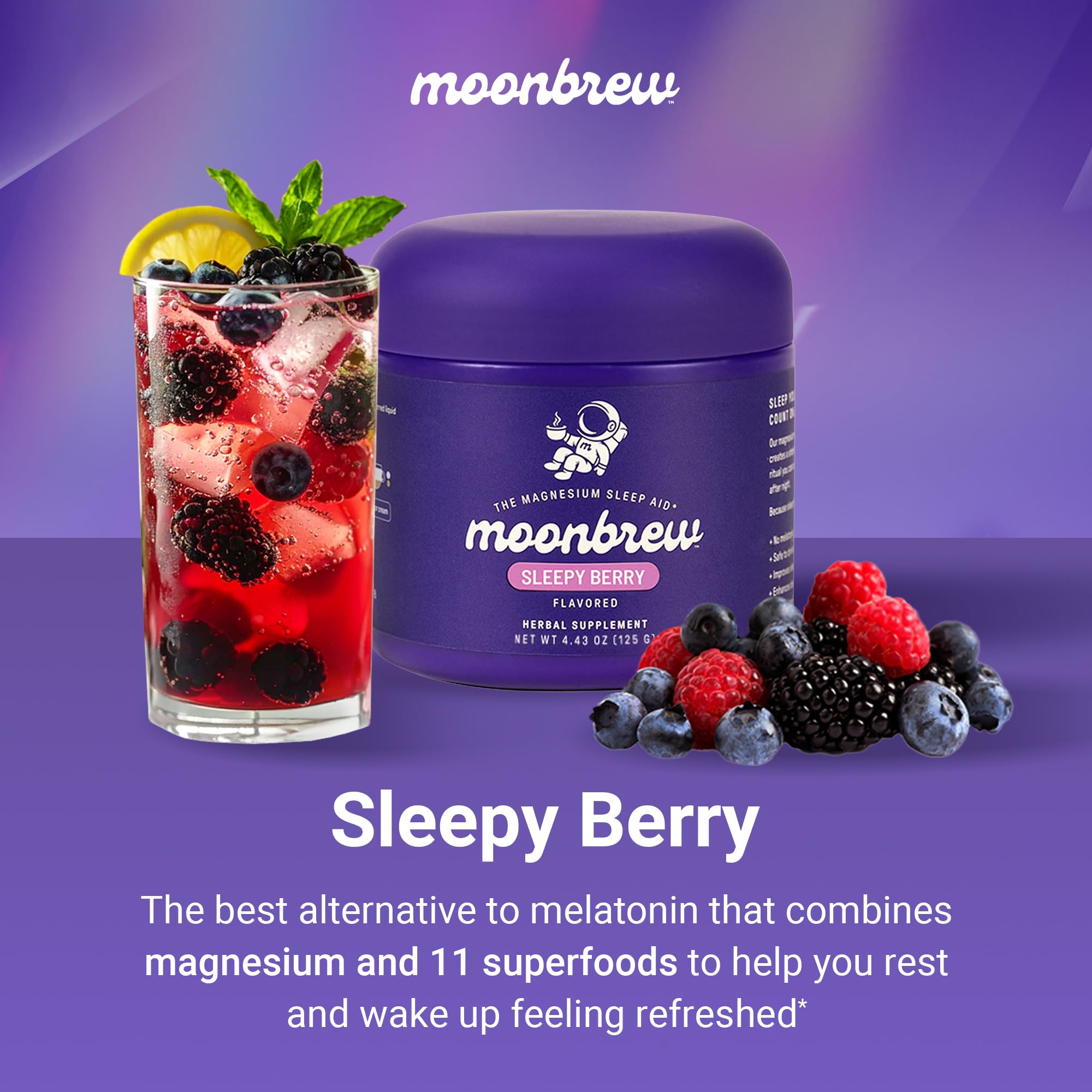 Close-up of MoonBrew Sleepy Berry powder highlighting berry flavor for a relaxing night routine.