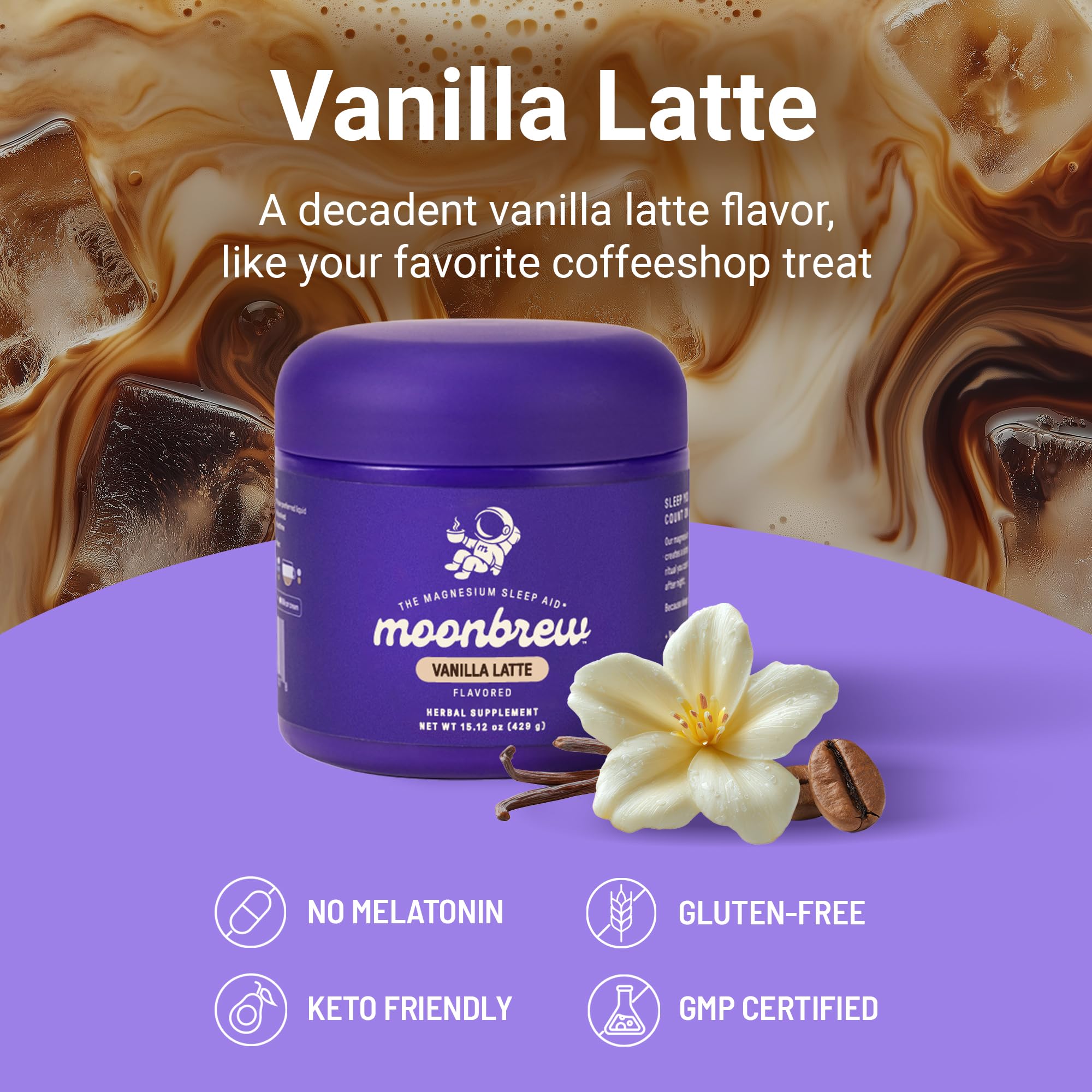MoonBrew vanilla-latte-ingredients highlights magnesium and chamomile for nightly relaxation.