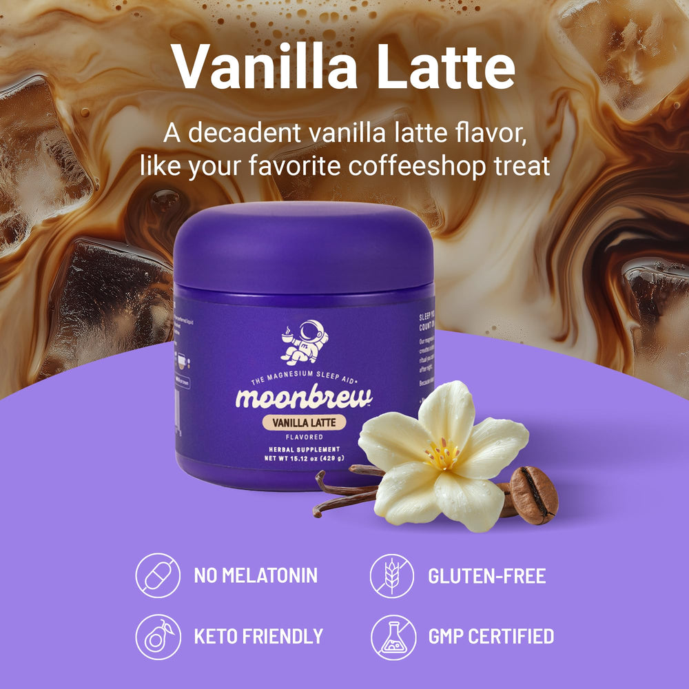 MoonBrew vanilla-latte-ingredients highlights magnesium and chamomile for nightly relaxation.