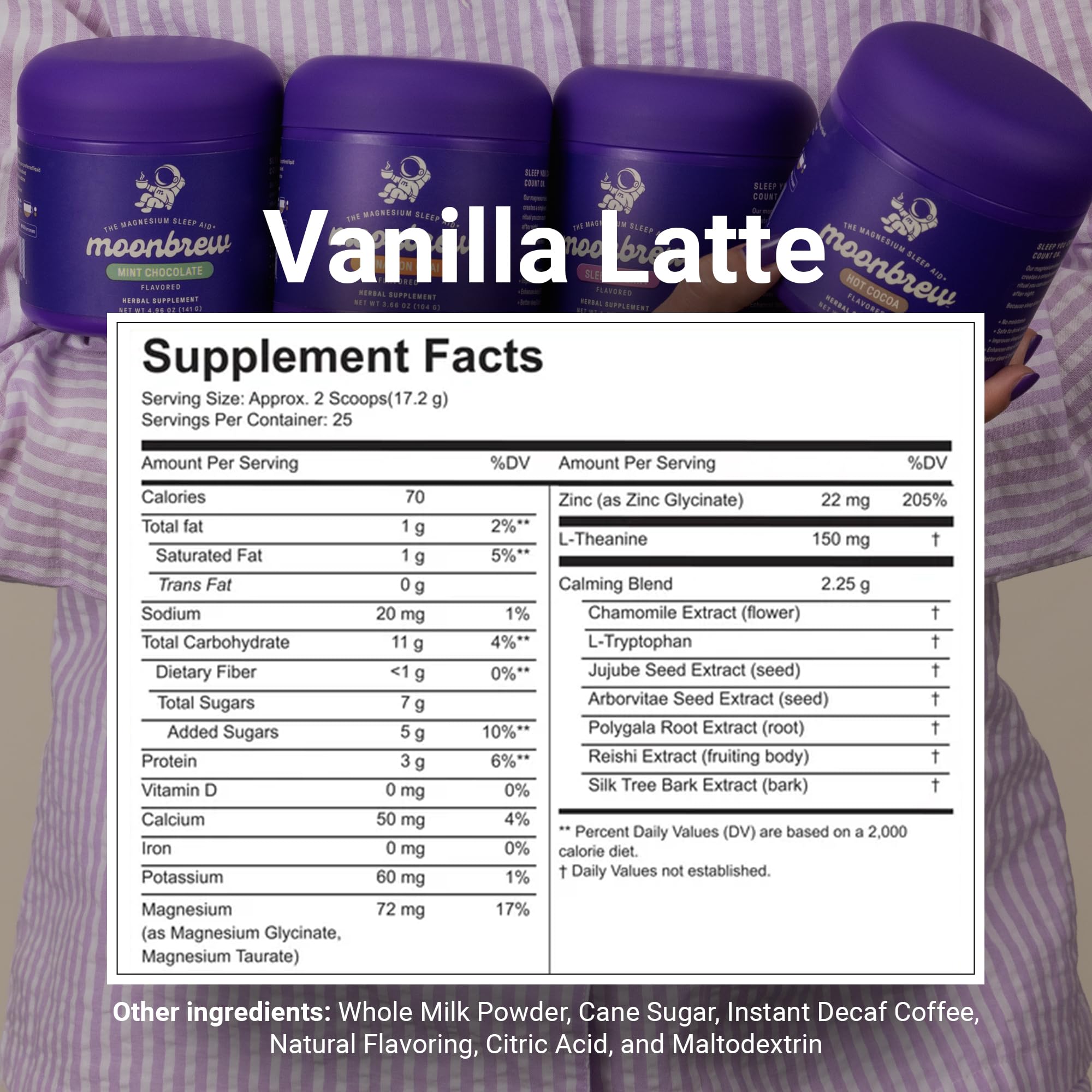 MoonBrew vanilla-latte-powder-scoop being stirred into milk for a soothing evening.