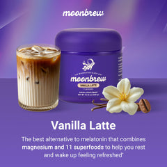 MoonBrew vanilla-latte-steaming-mug evokes a cozy, caffeine-free night habit.