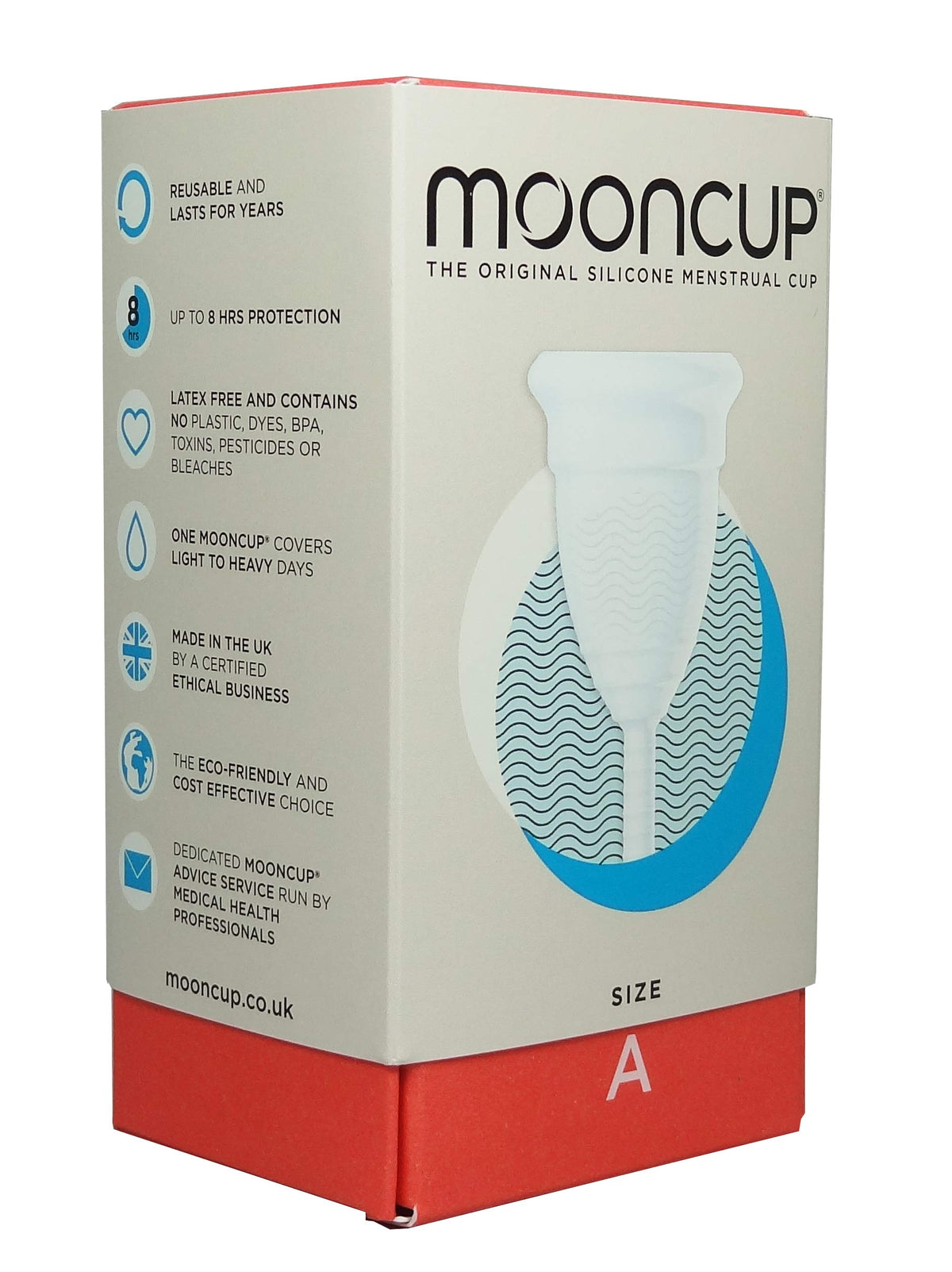 Mooncup original silicone menstrual cup in packaging highlights eco-friendly, reusable menstrual care.