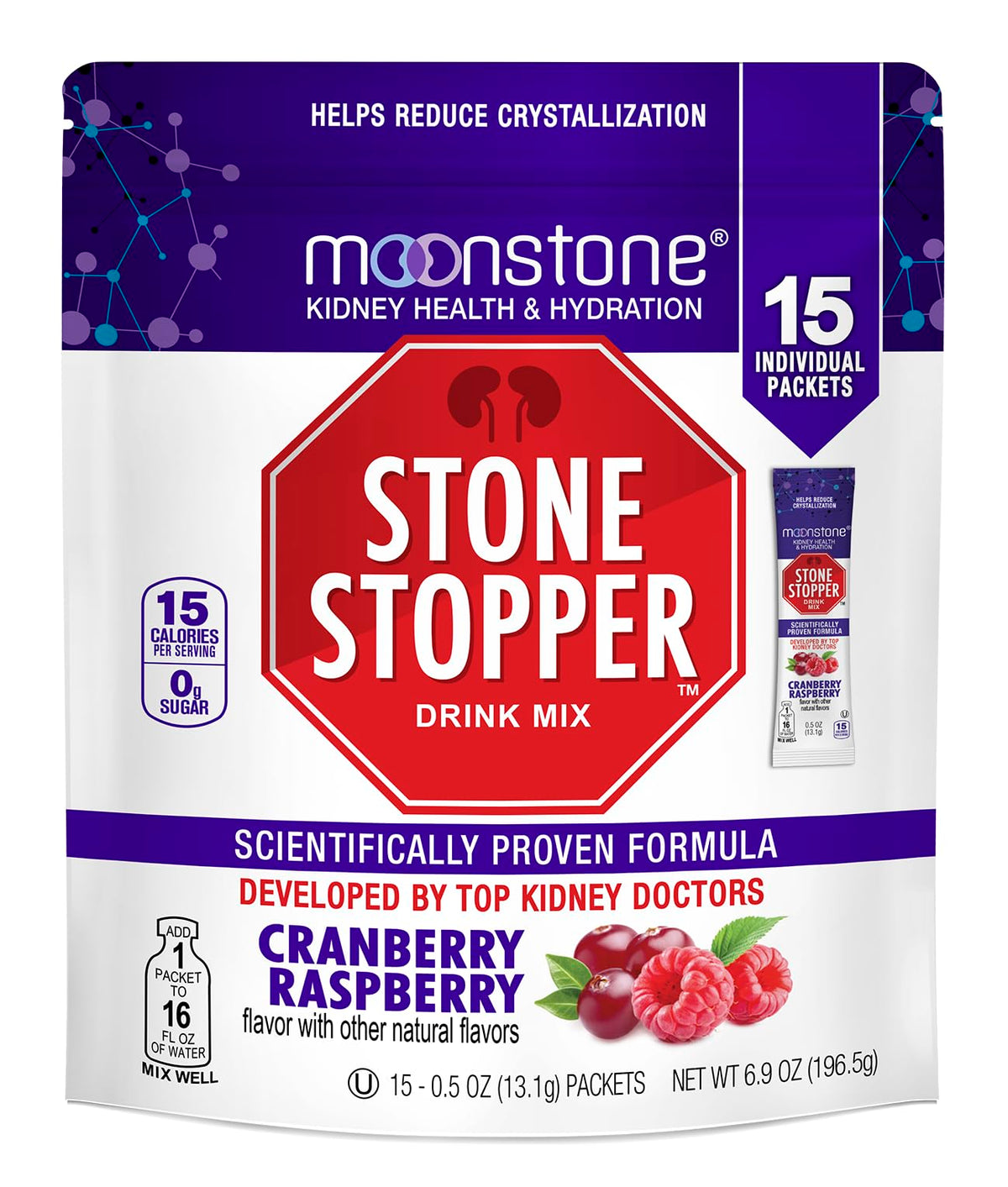Moonstone Stone Stopper Drink Mix bottle with Cranberry Raspberry flavor for hydration support