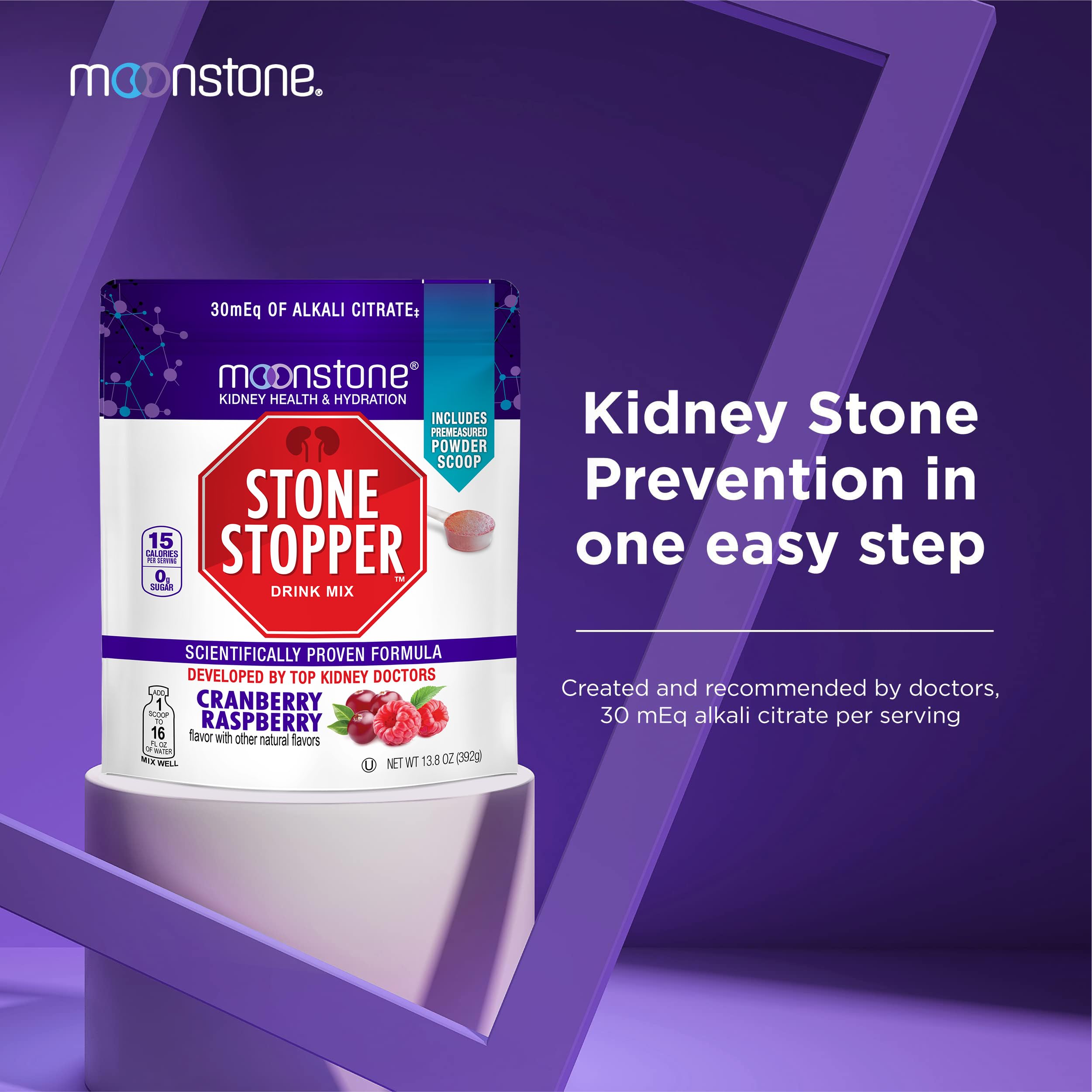 Moonstone Stone Stopper Drink Mix dissolving in water to create a ready-to-drink beverage