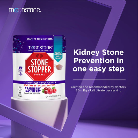 Moonstone Stone Stopper Drink Mix dissolving in water to create a ready-to-drink beverage