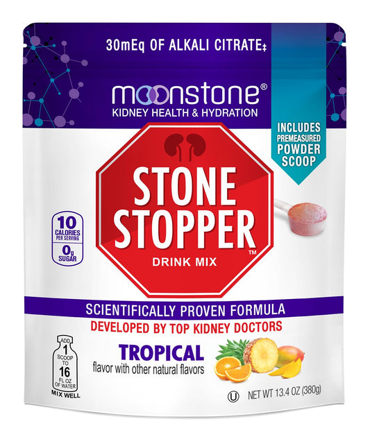 Moonstone Stone Stopper Drink Mix tropical packaging front view highlighting no added sugar and travel-friendly design