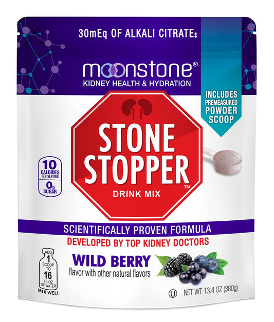 Moonstone Stone Stopper Drink Mix bottle shows convenient hydration support with wild berry flavor