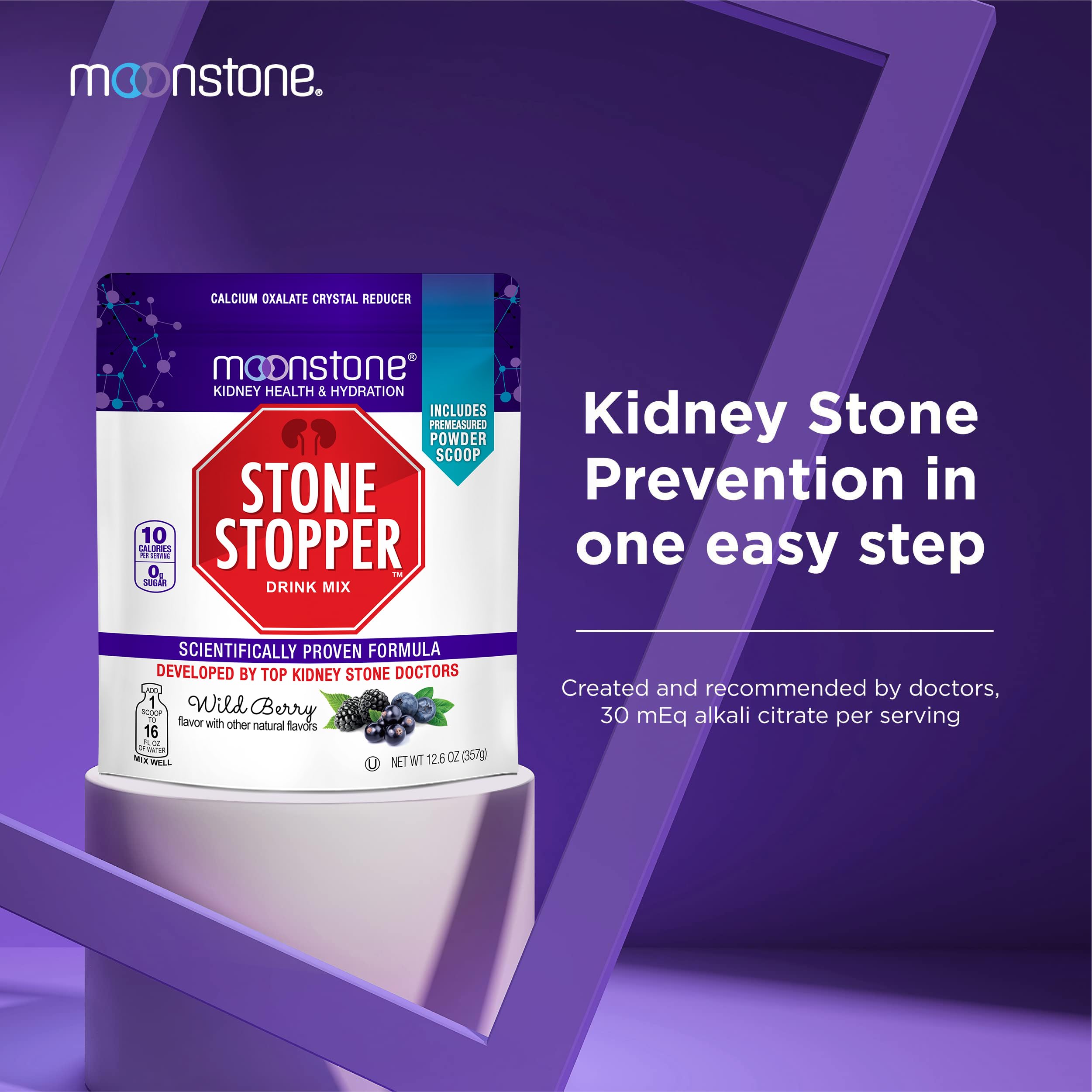 Moonstone Stone Stopper Drink Mix label highlights patented alkali citrate formulation