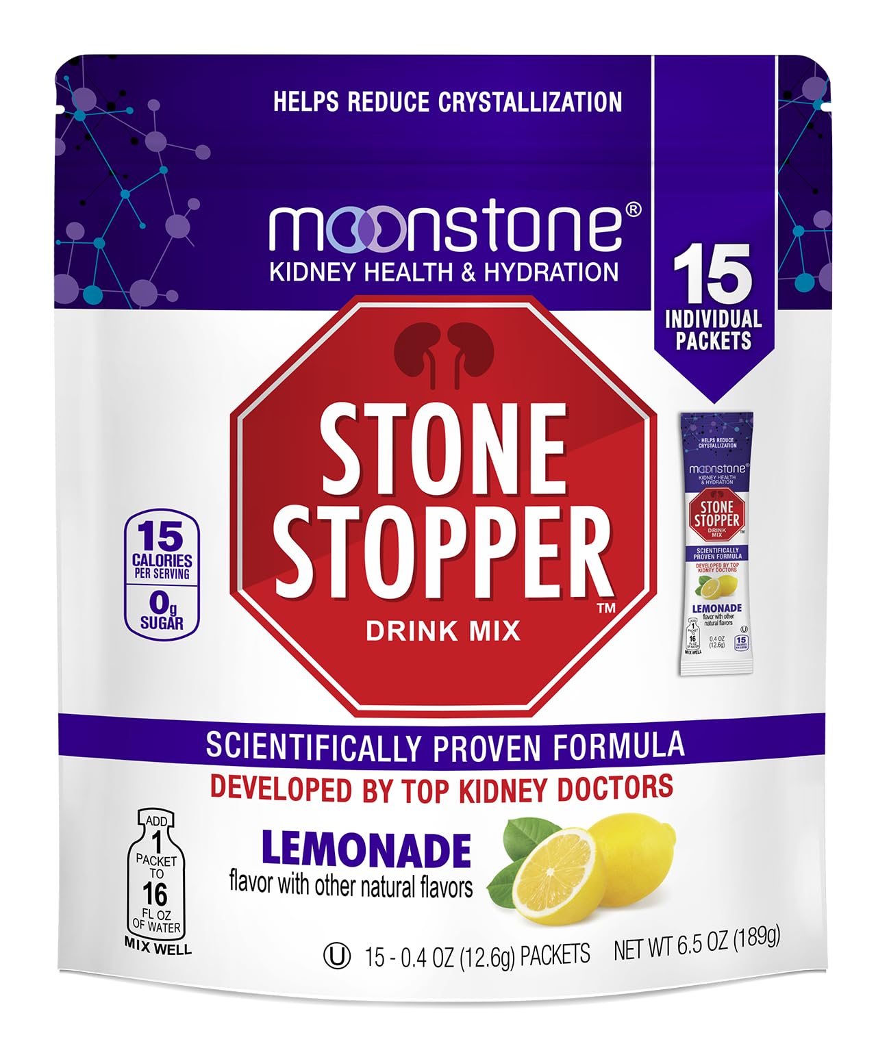 Moonstone Stone Stopper lemonade bottle highlights hydration support for daily use.