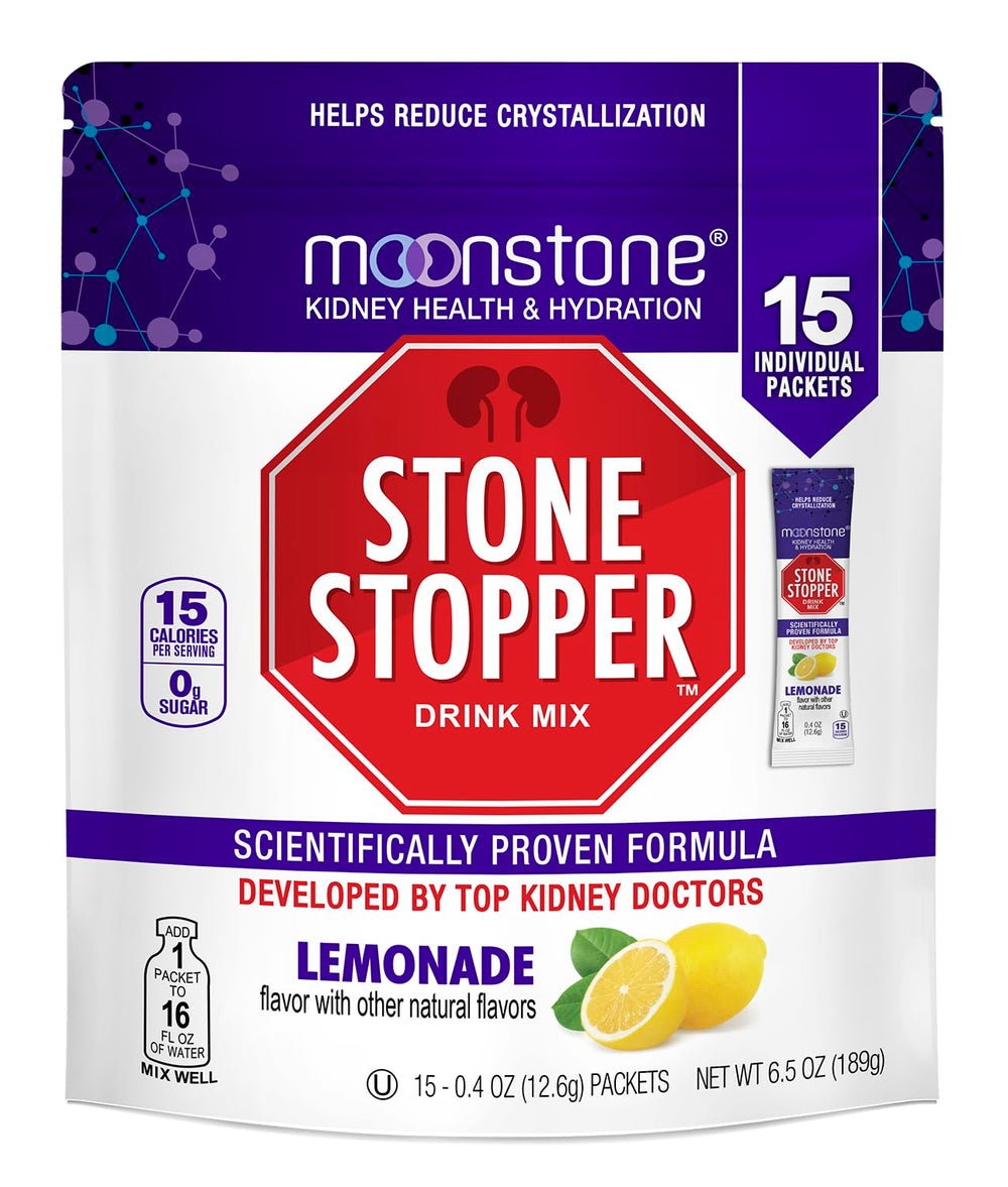 Moonstone Stone Stopper lemonade bottle highlights hydration support for daily use.