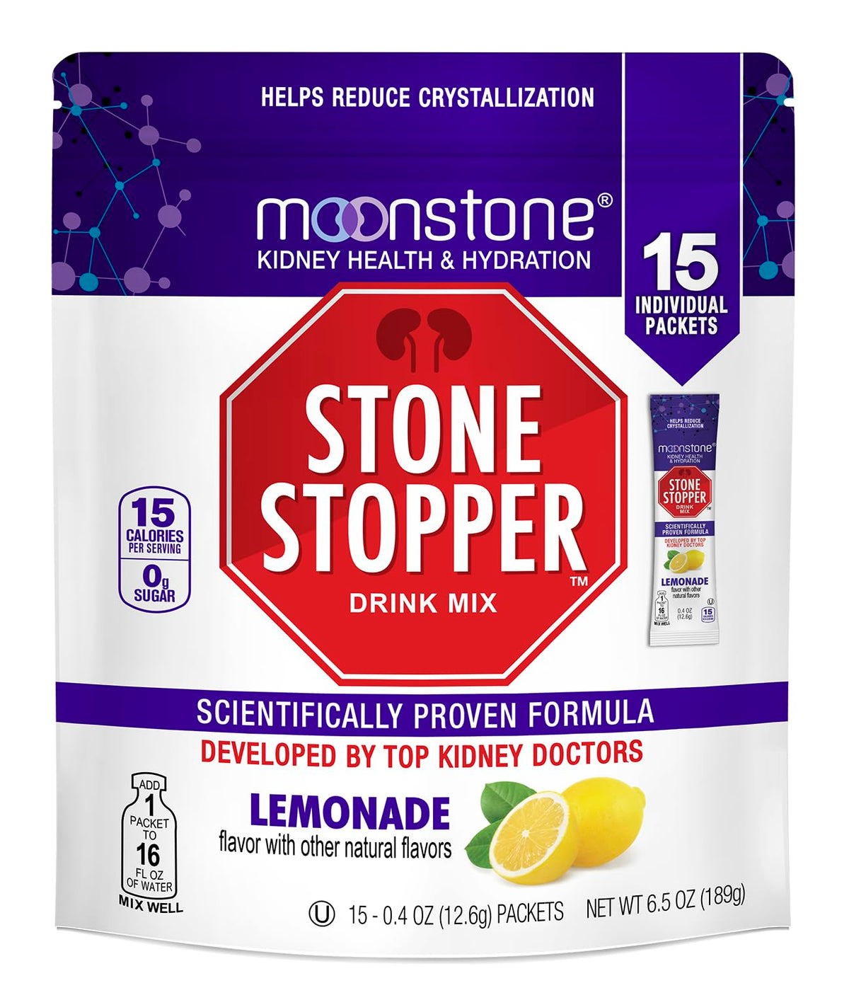 Moonstone Stone Stopper lemonade bottle highlights hydration support for daily use.