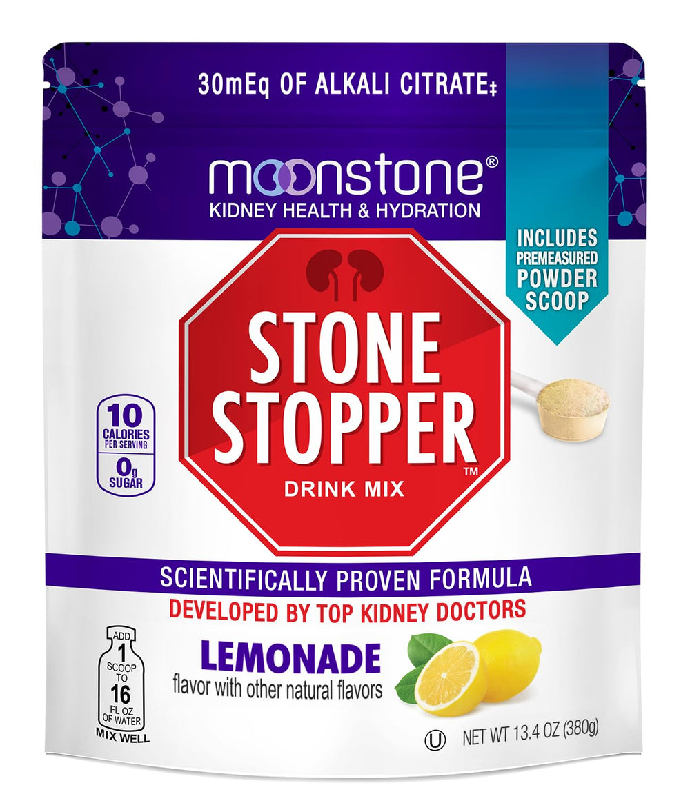 Moonstone Stone Stopper Lemonade powder tub supports hydration and citrate intake.
