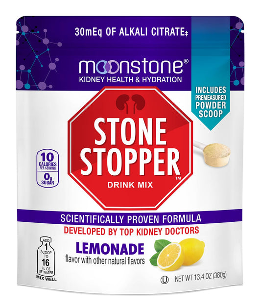 Moonstone Stone Stopper Lemonade powder tub supports hydration and citrate intake.