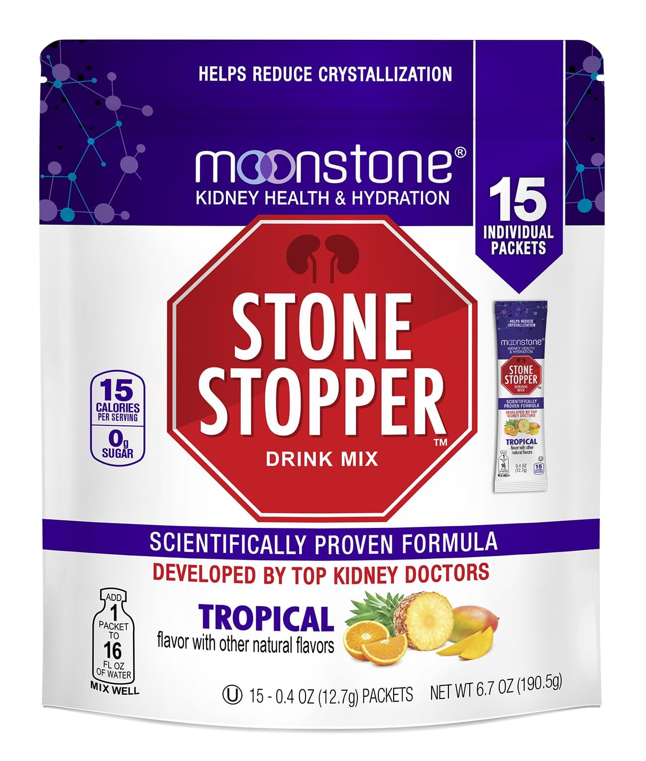 Moonstone Stone Stopper tropical drink mix sachet for refreshing hydration support.