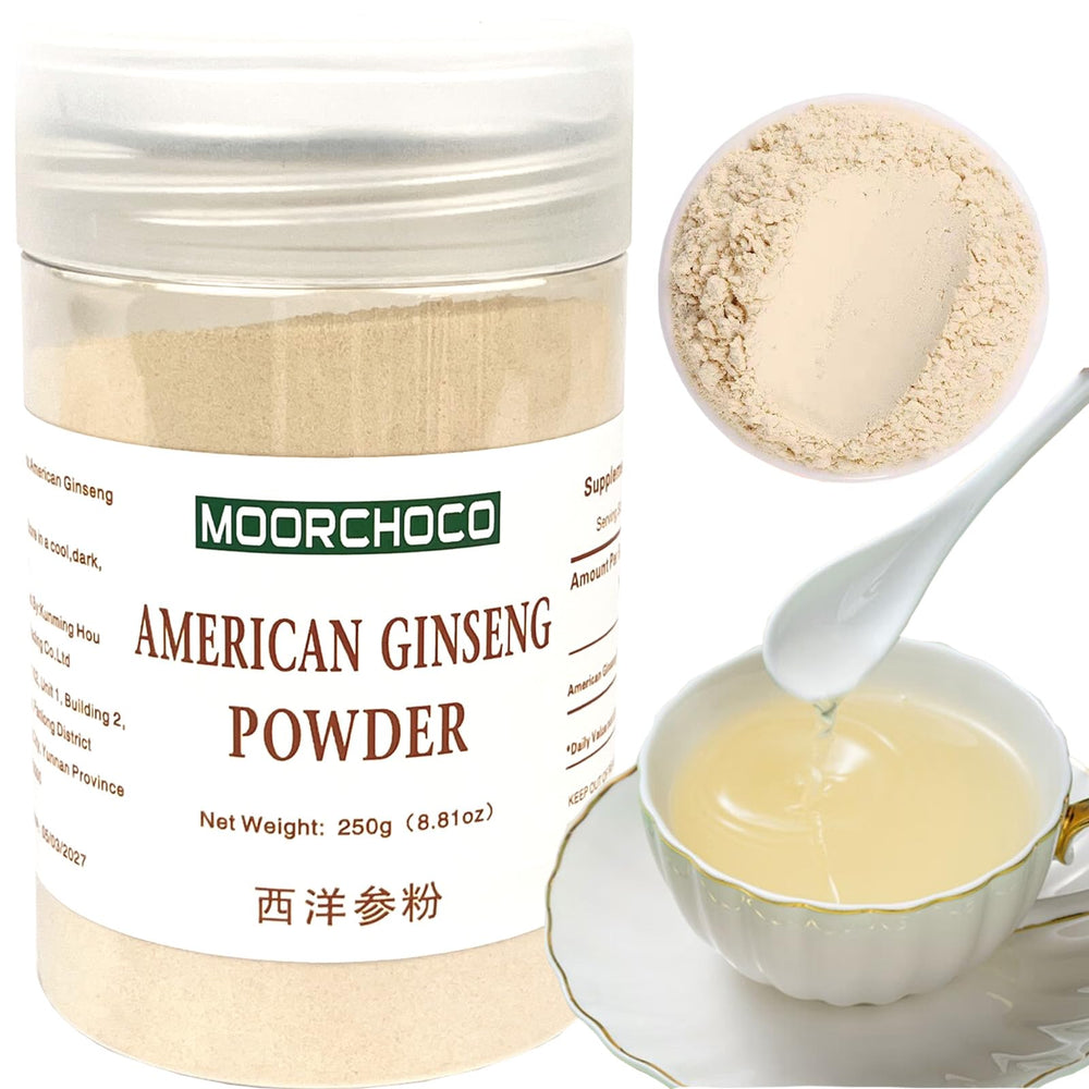 MOORCHOCO ginseng powder packaging highlights premium whole root extract for daily use.