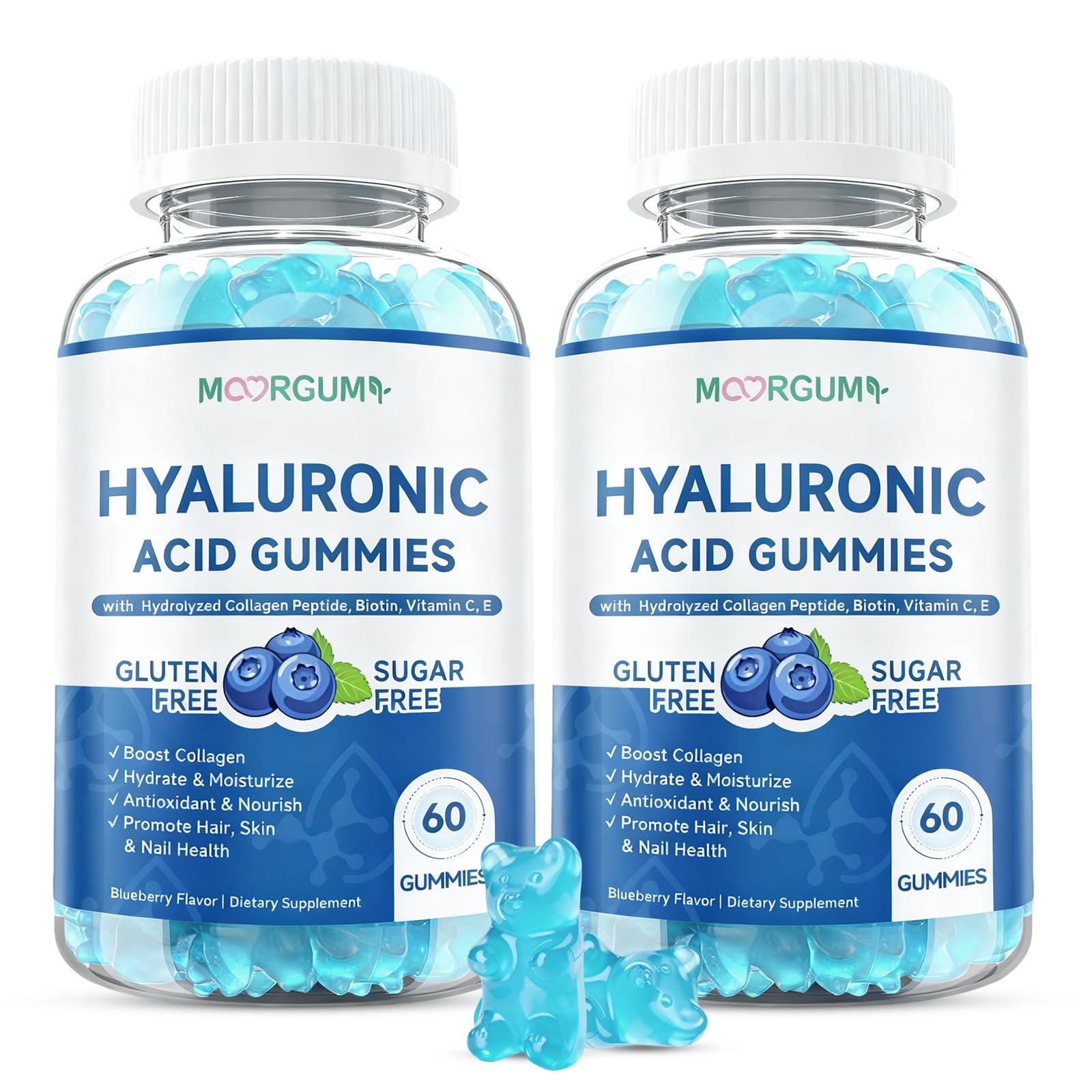 MOORGUMY Hyaluronic Acid & Collagen Gummies bottle shows a convenient daily dose for skin and joints.