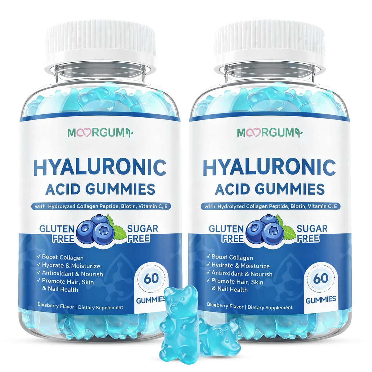 MOORGUMY Hyaluronic Acid & Collagen Gummies bottle shows a convenient daily dose for skin and joints.