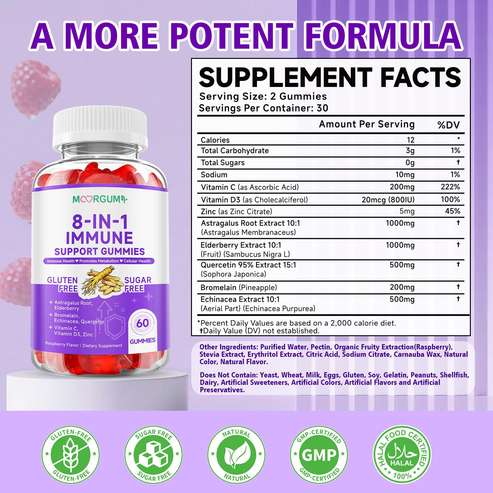 MOORGUMY immune support gummies bottle back reveals ingredient highlights