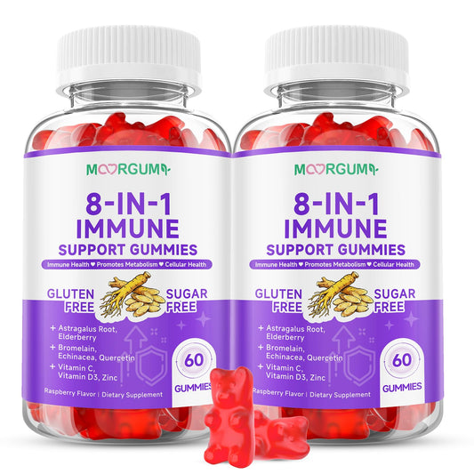 MOORGUMY immune support gummies bottle front showing raspberry flavor for daily support