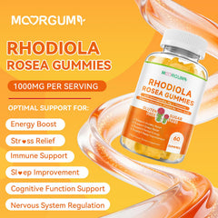 Closeup of MOORGUMY Rhodiola gummies highlighting soft texture.