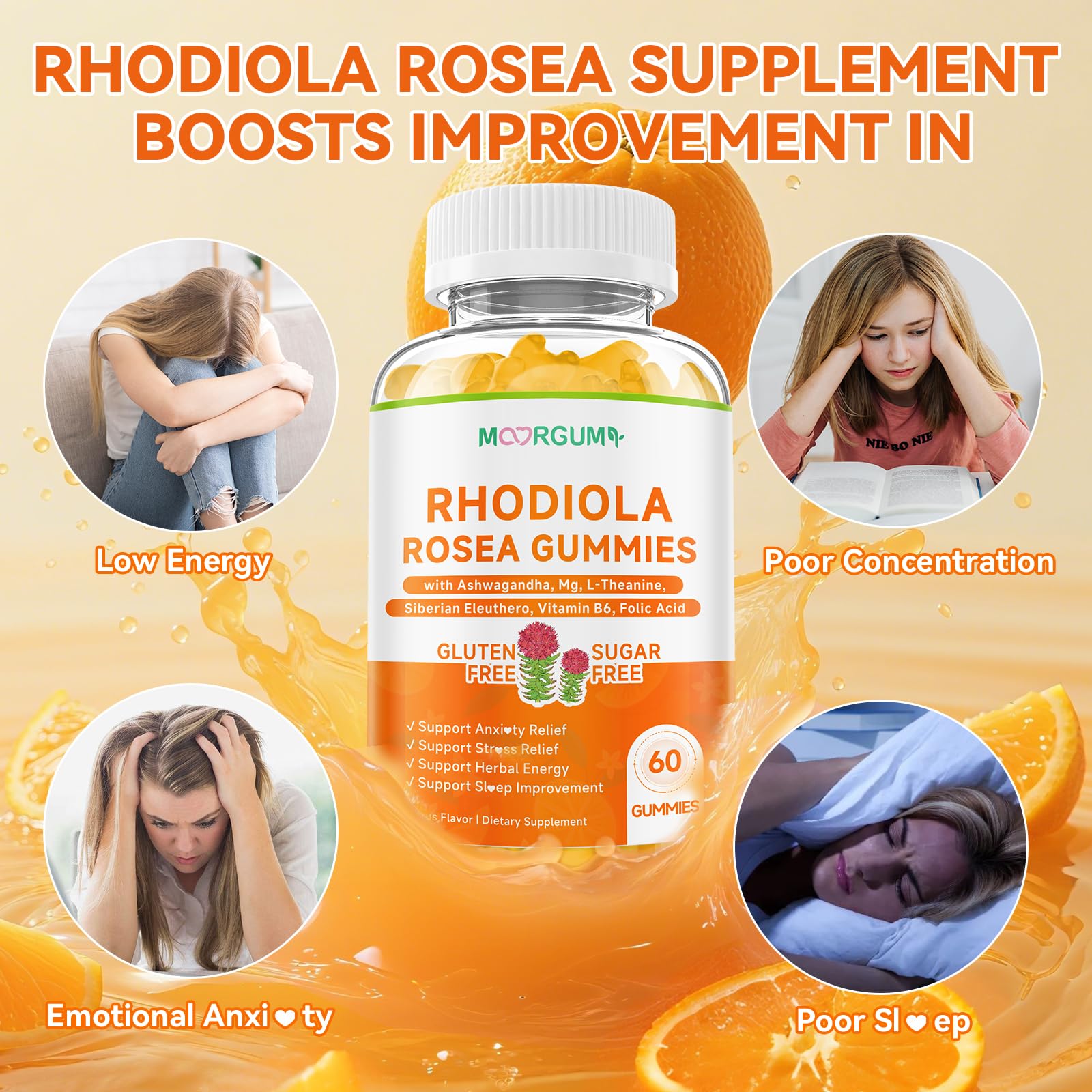 MOORGUMY Rhodiola Rosea Gummies label with key ingredients.