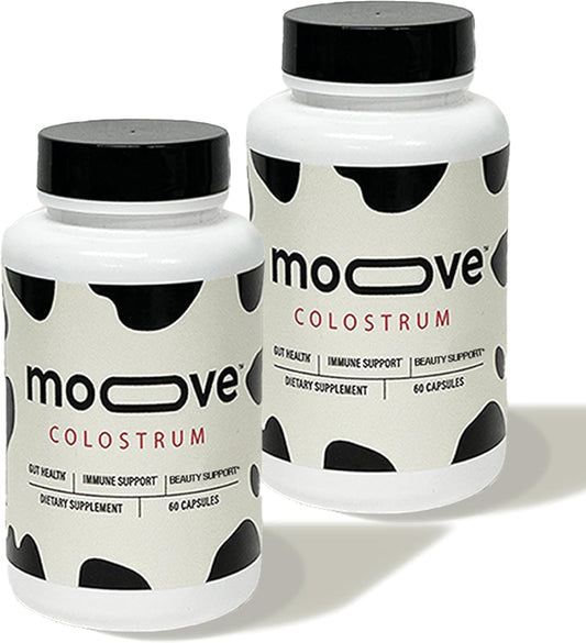 MOOVE bovine colostrum capsules bottle overview, supports daily vitality and immune health