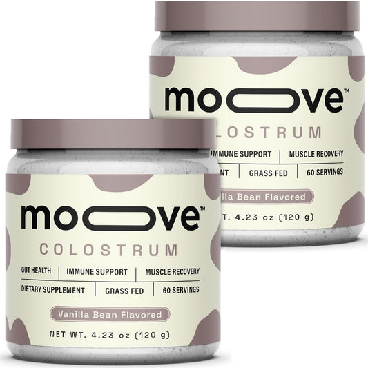 MOOVE vanilla bean colostrum powder bottle for daily immune support