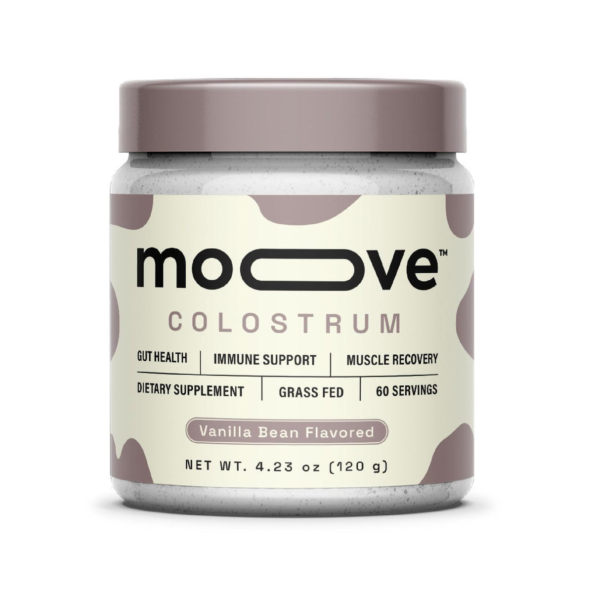 MOOVE bovine colostrum powder with vanilla bean for a smooth immune-supporting beverage.