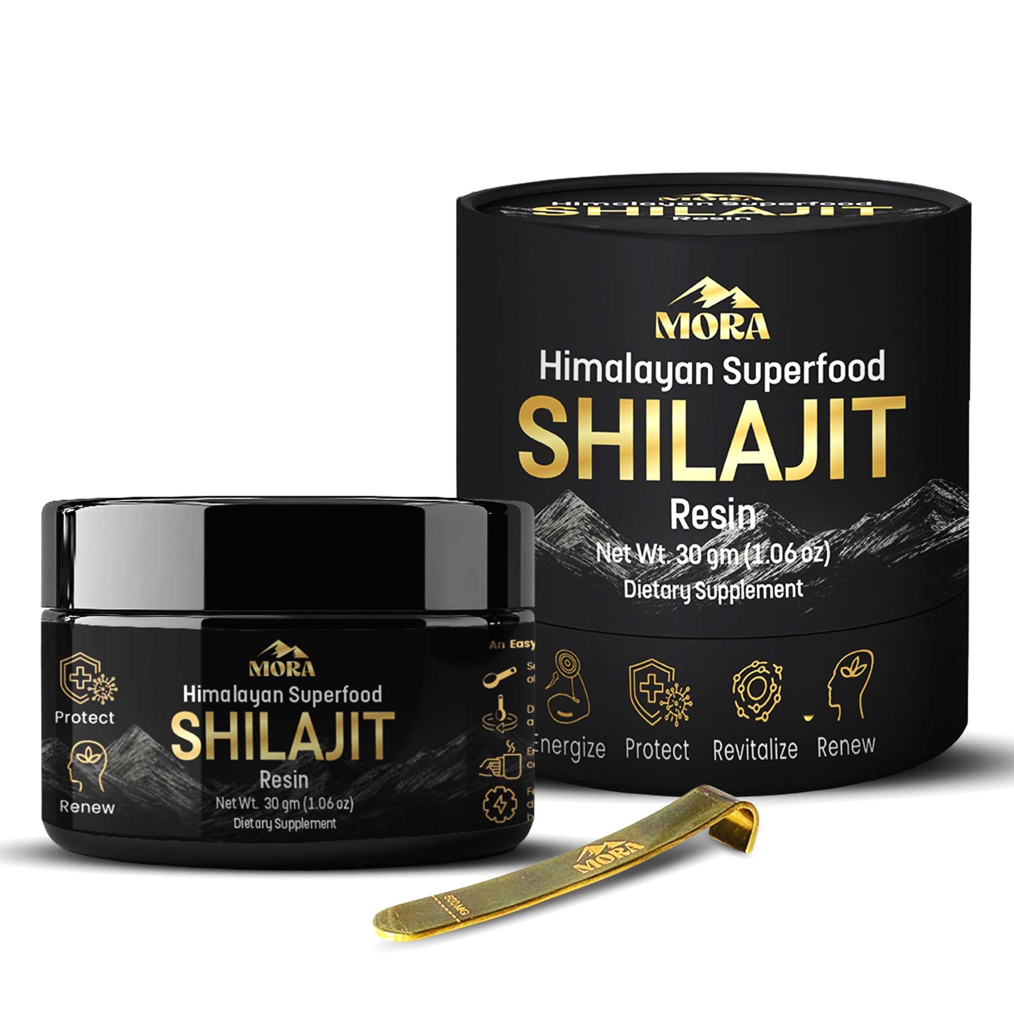 MORA IMPEX Himalayan Shilajit Resin bottle closeup showing mineral-rich resin for daily wellness