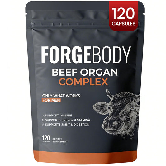 MORANDEE Forgebody bottle label visible, highlighting grass-fed beef organ nutrients.