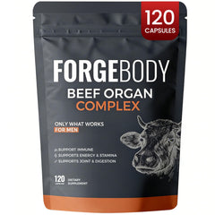 MORANDEE Forgebody bottle label visible, highlighting grass-fed beef organ nutrients.