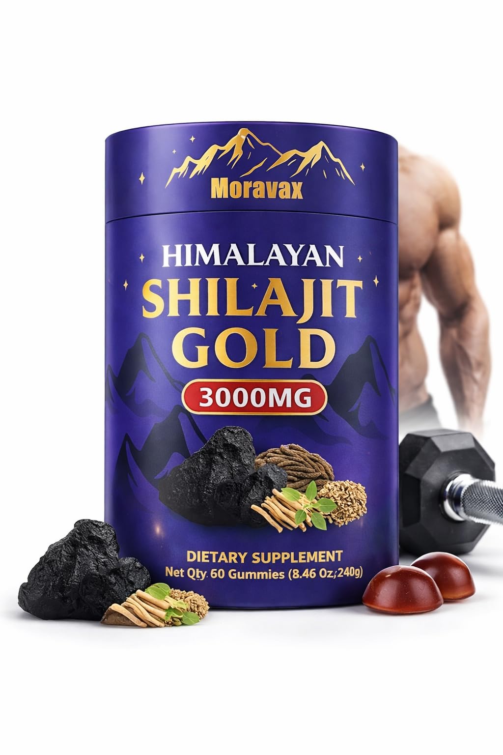 Moravax Himalayan Shilajit Gummies bottle showing glossy, mineral-rich gummies.