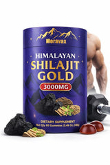 Moravax Himalayan Shilajit Gummies bottle showing glossy, mineral-rich gummies.