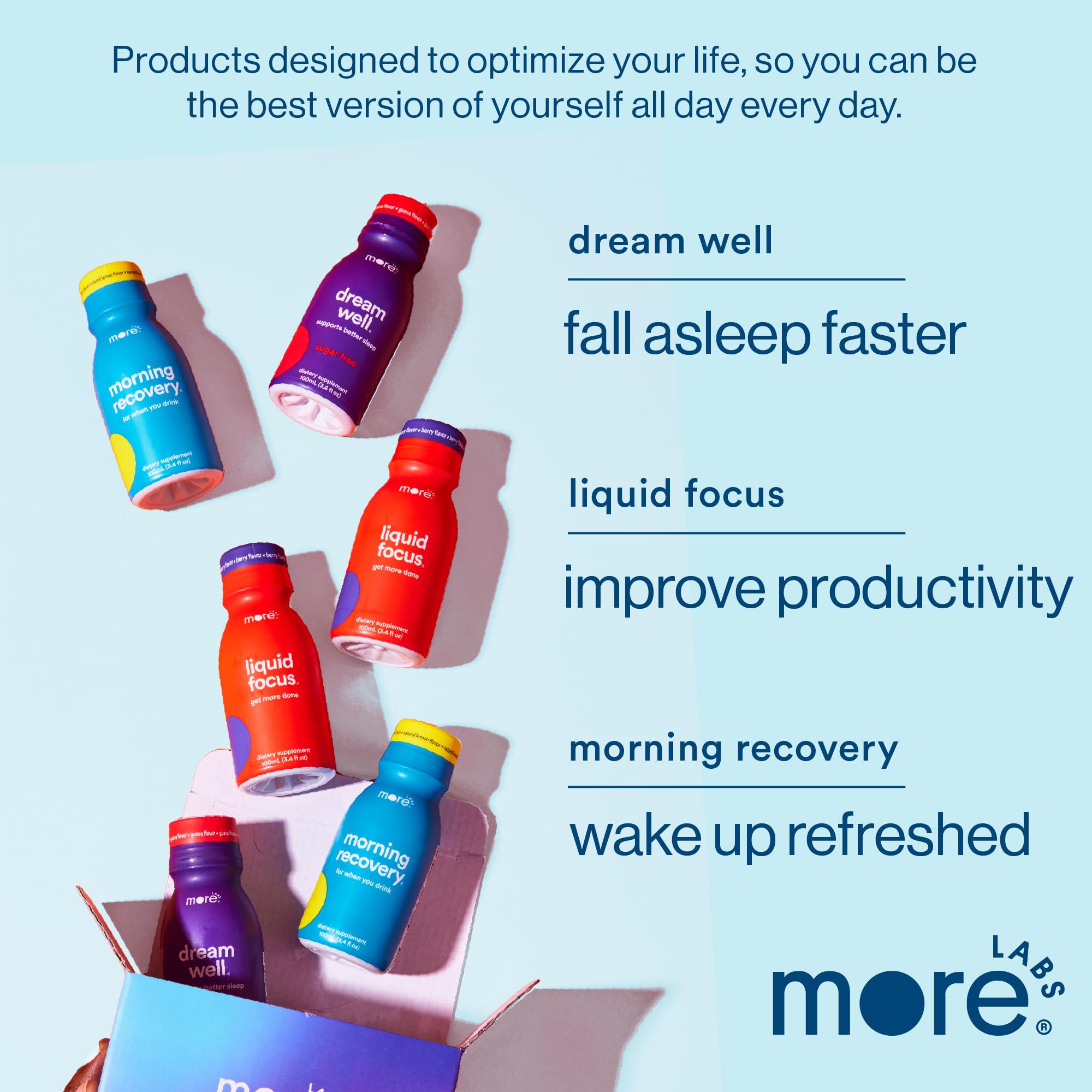 More Labs Dream Well on a nightstand implies easy access during late-night routines.