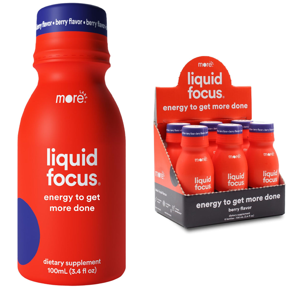 More Labs Liquid Focus bottle on desk boosts focus and energy.