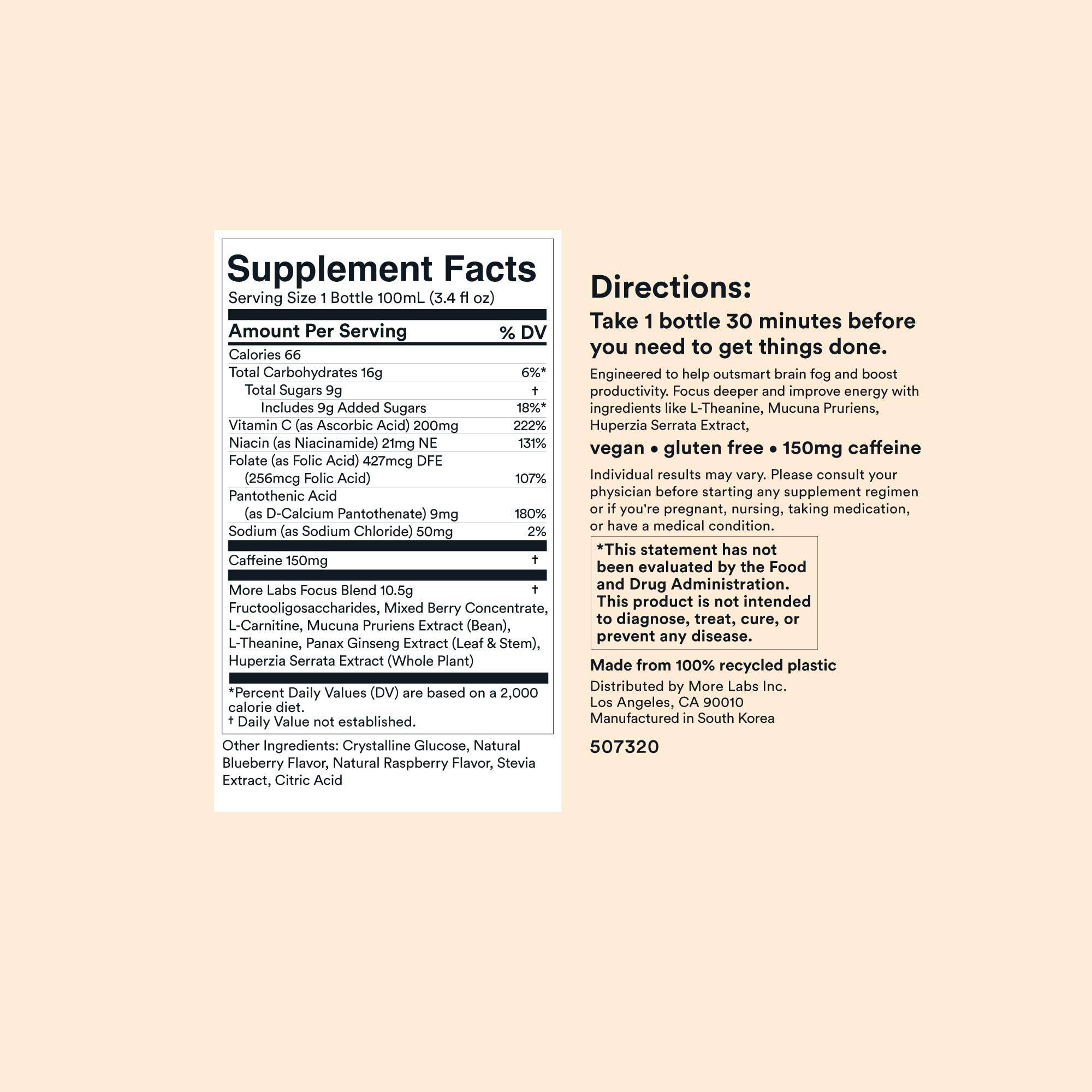 More Labs Liquid Focus ingredient panel, showcasing antioxidants and Panax ginseng.