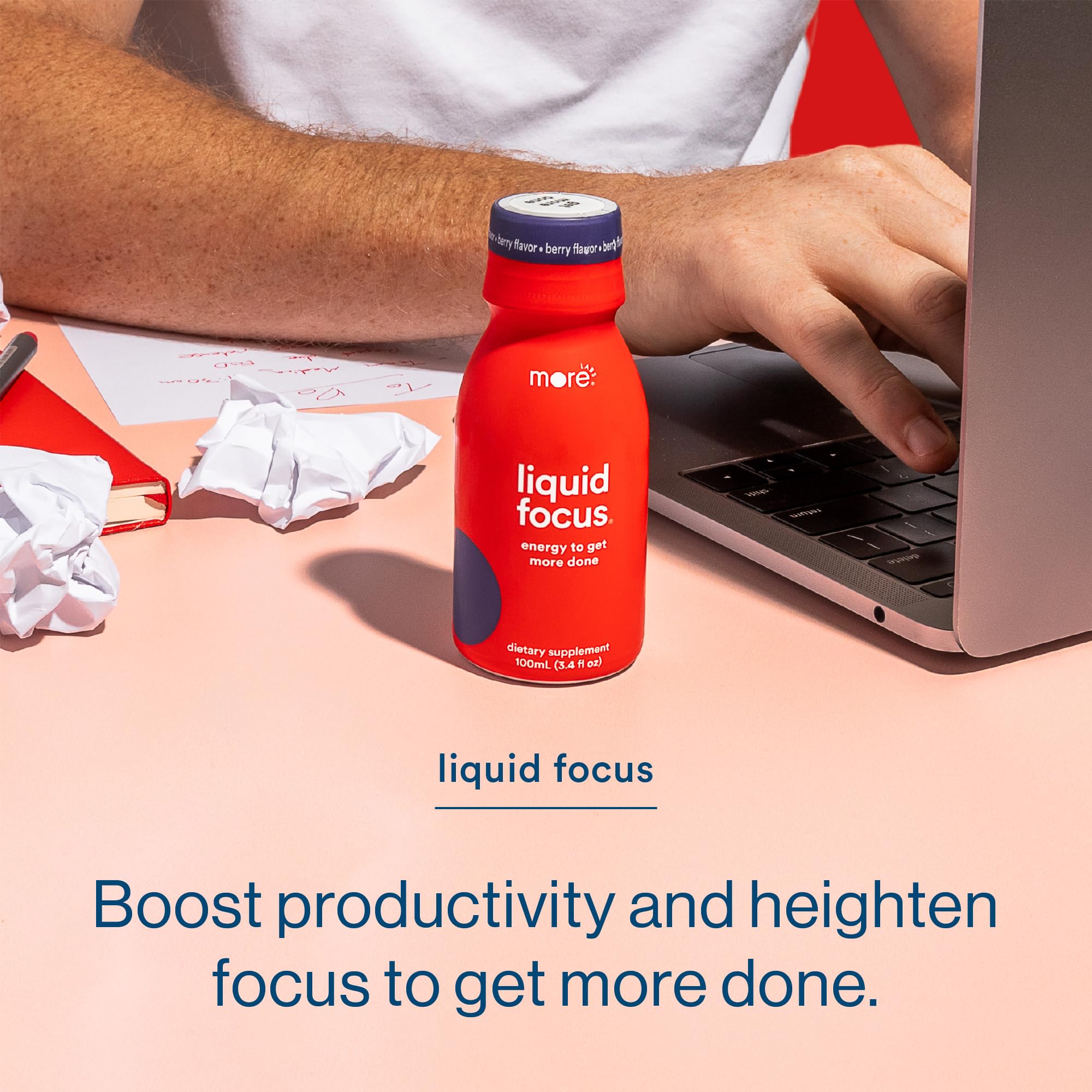More Labs Liquid Focus label clarity, illustrating 150 mg caffeine per bottle.