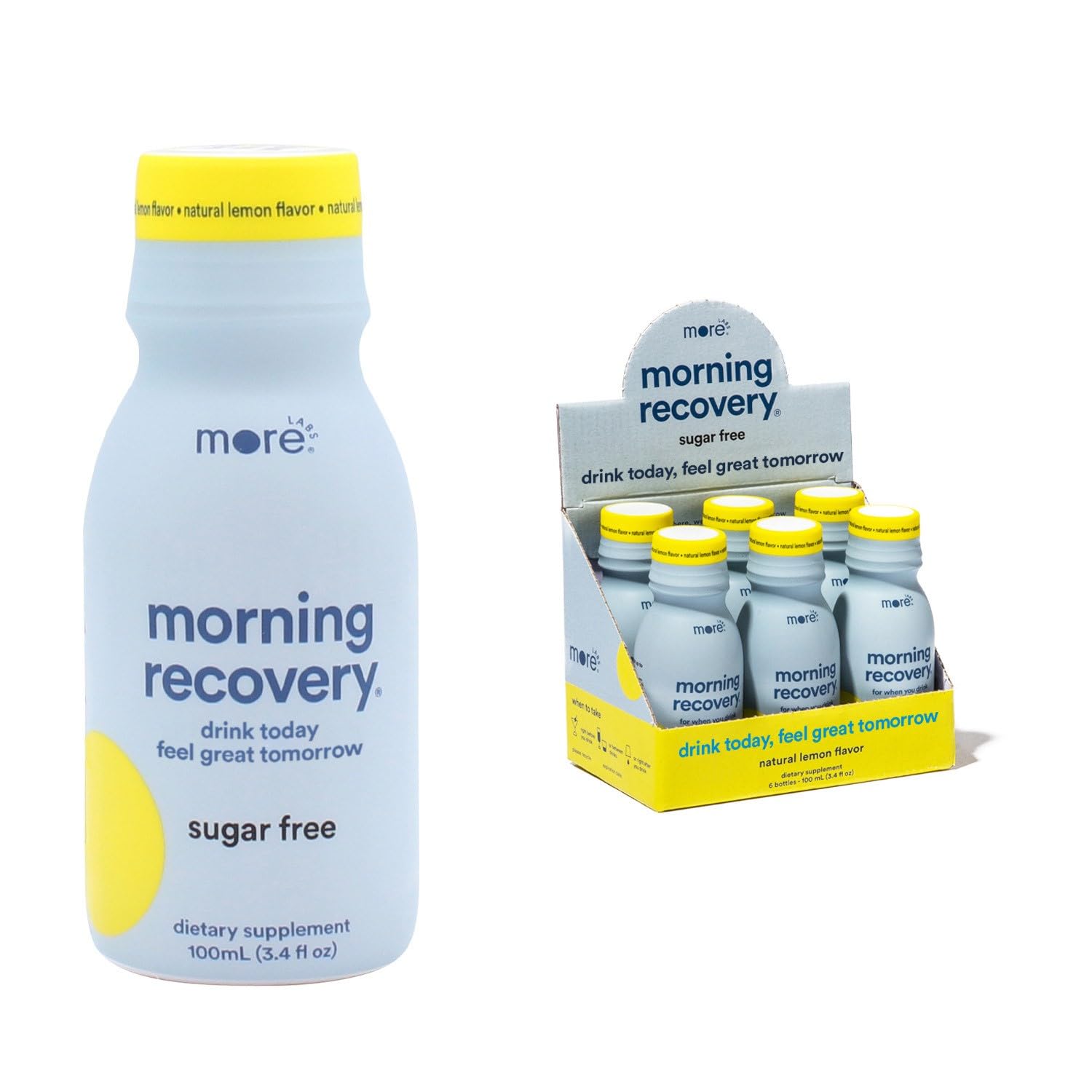 More Labs Morning Recovery bottle front view shows compact lemon hydration on the go.
