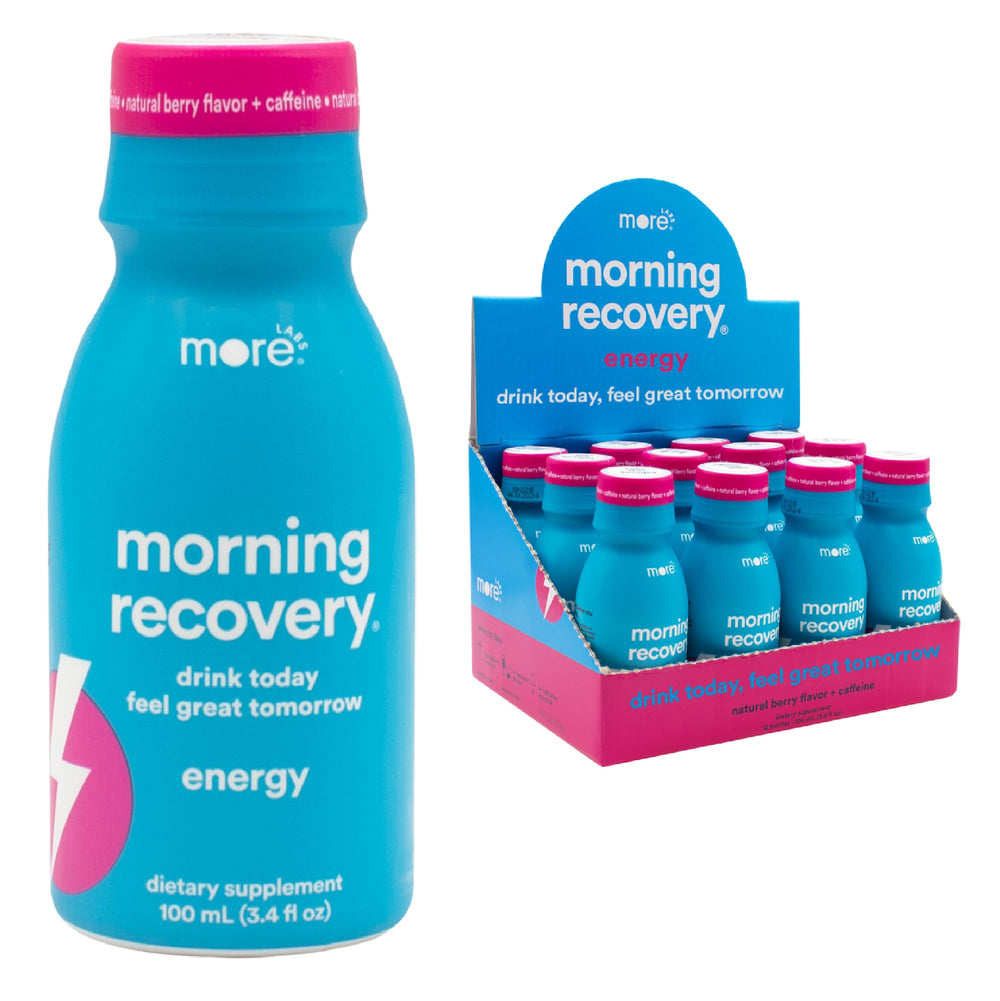 More Labs Morning Recovery bottle front view highlighting portable design for travel.