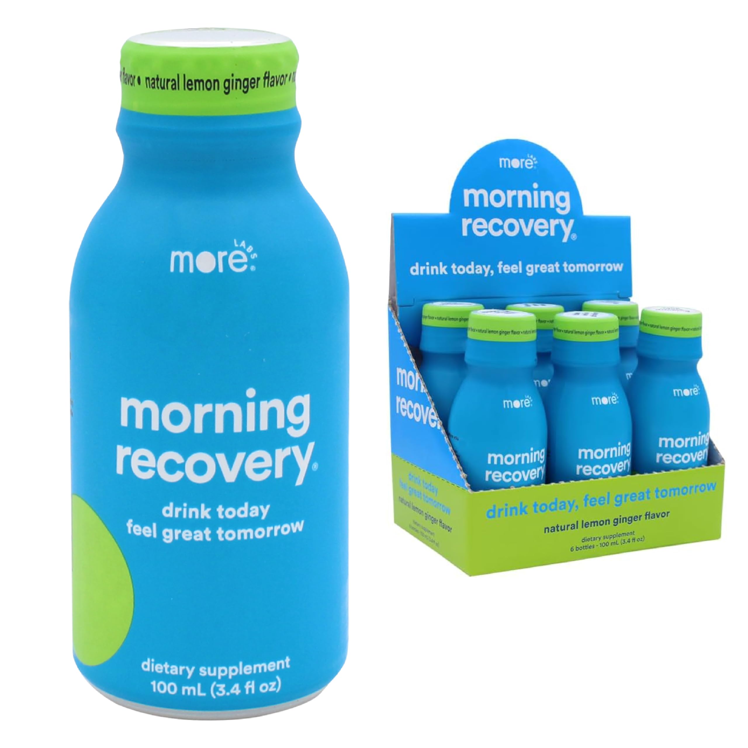 More Labs Morning Recovery bottle with lemon-ginger, ideal for hydration during social drinking