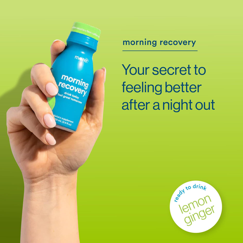 More Labs Morning Recovery glass with ice shows refreshing post-drink hydration.